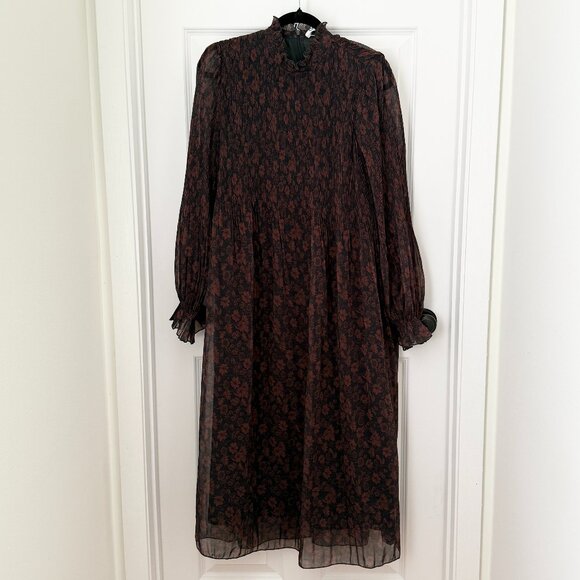 Women Ganni Pleated Georgette Midi Dress Ruffle in French Roast Size 38/Medium - Picture 2 of 12